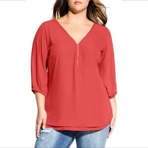 City Chic Sexy Fling top blouse shirt cumin rust orange chiffon zipper XL 22
